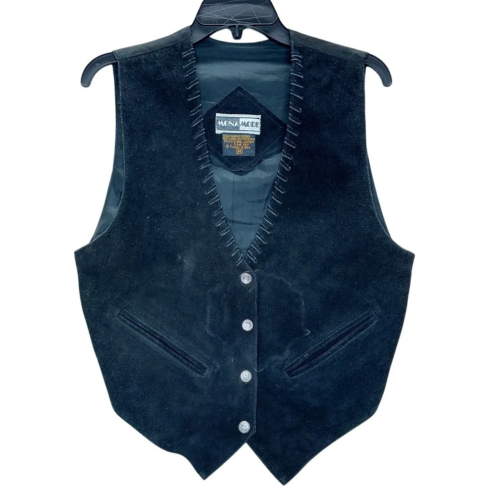 Mona Mode Black Suede Leather Vest Western‎ Whipstitch Star Button Vintage M